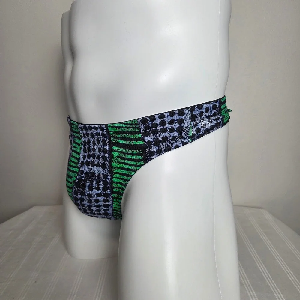 Cosabella x Studio 189 Mens Lace‎ Thong Green Blue Geometric Print Low Rise NEW
